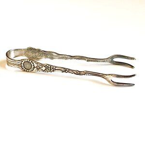 Antique Nils Johan Sweden Silver Plate Petite Forked Sugar Tongs Amsterdam Flora